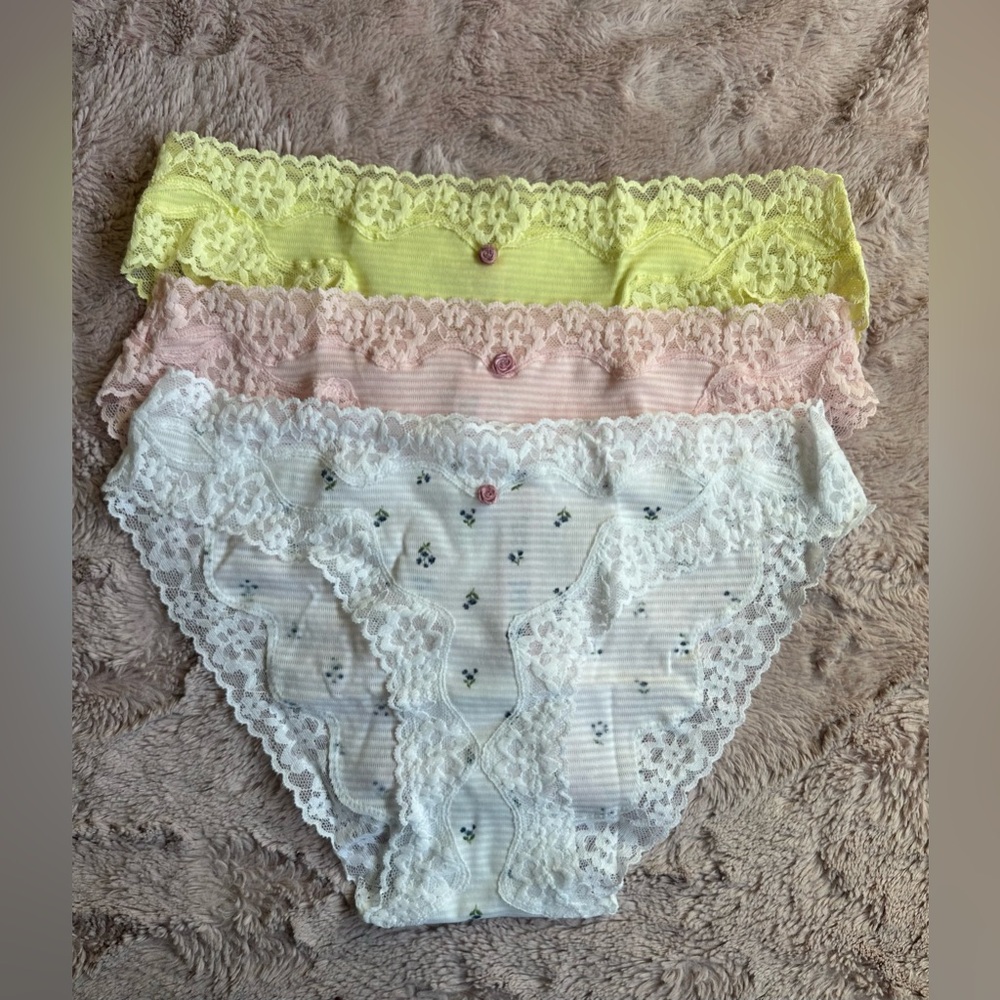 Victoria's Secret Yellow Pink White Lace Bikini Panty Set